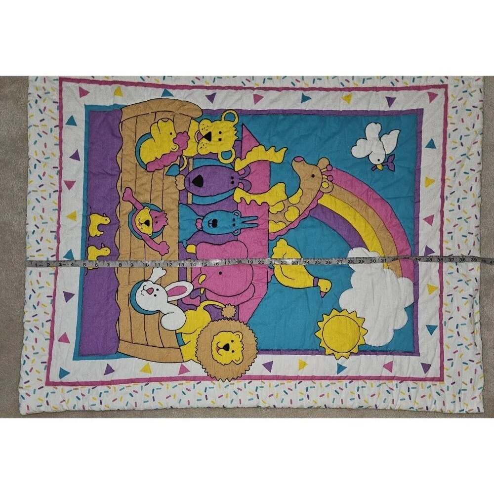 VTG 1990s Noah's Ark Baby Blanket Comforter Wall Decor 31x40 Pink Purple Yellow